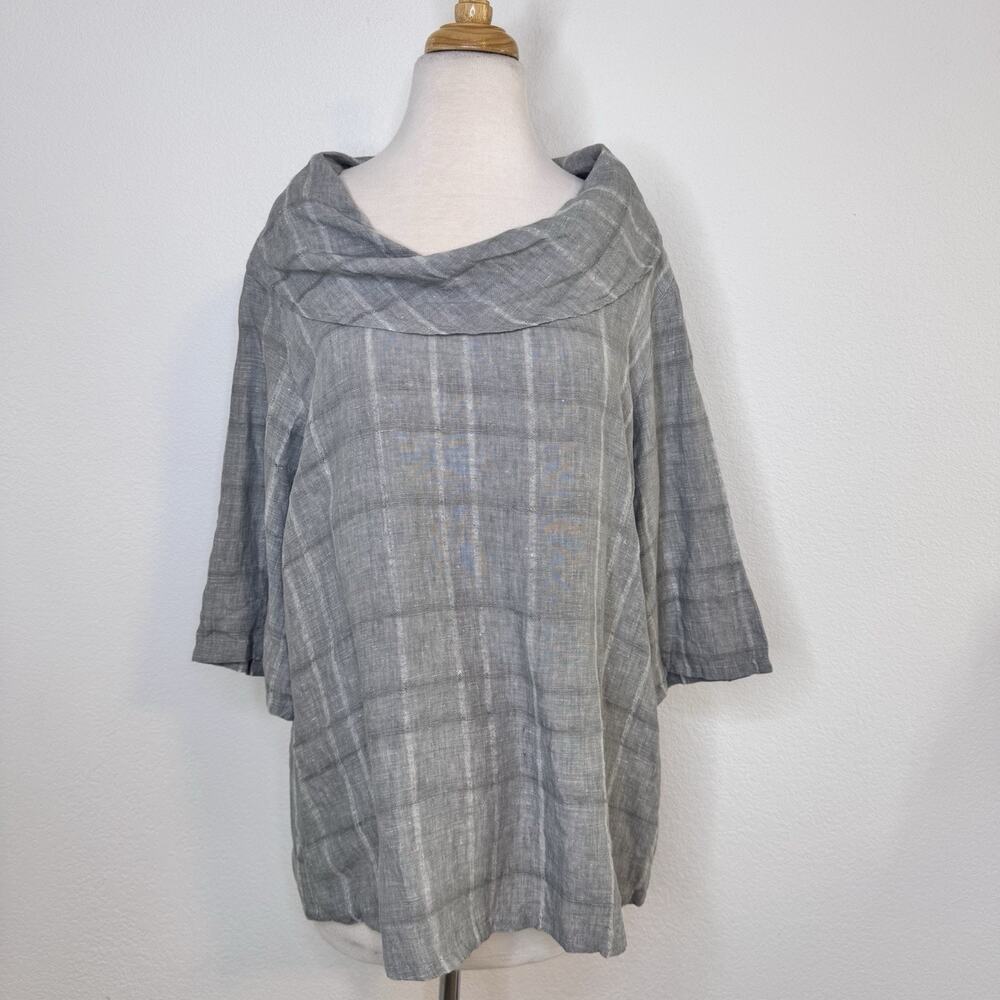 Chalet‎ Womens Linen Cowl Neck 3/4 Sleeve Top Size Medium Gray Lagenlook Coastal